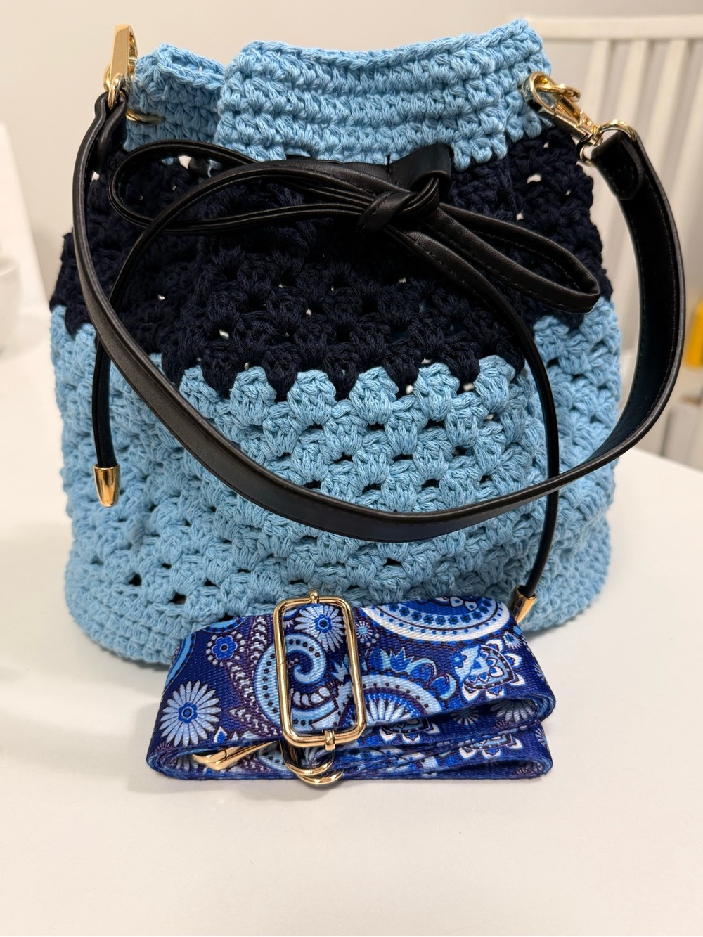 Hand-Crocheted Bucket Bag in Light Blue & Navy with Detachable Strap